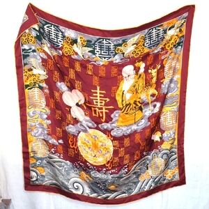 Huali Red Gold Asia Print Silk Scarf Large Square Rolled Edge